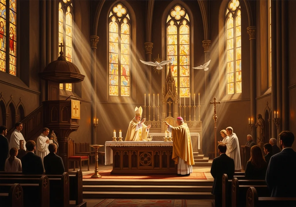 Konsekracja kościoła: dwóch biskupów podczas uroczystej mszy w pięknie oświetlonej katedrze.