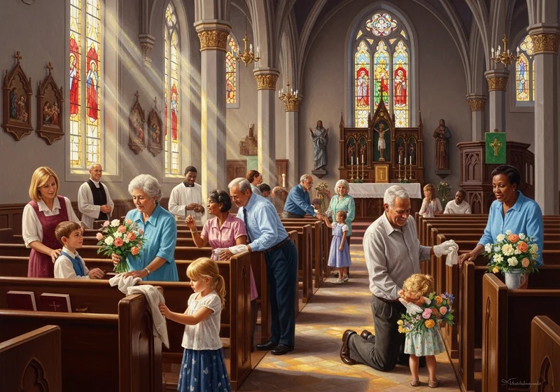 Ludzie w kościele przygotowują święte miejsce i niosą kwiaty.