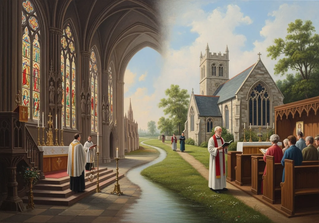 Kościół anglikański i katolicki: wierni i duchowni w pięknych budynkach.