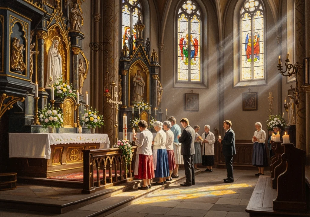 Ludzie modlący się w kościele podczas nabożeństwa majowego.