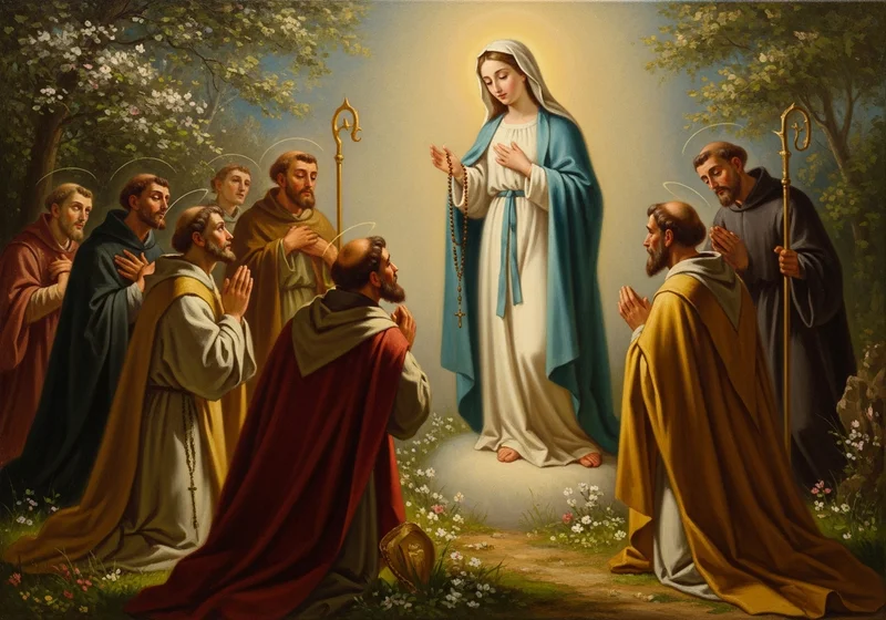 Maryja z różańcem w dłoniach ukazuje się klęczącym świętym w ogrodzie.