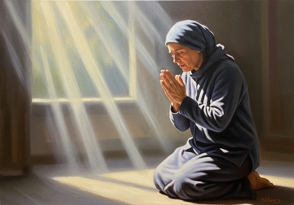 Kobieta w ciemnogranatowym okryciu klęczy w modlitwie, pogrążona w świetle wpadającym przez okno.
