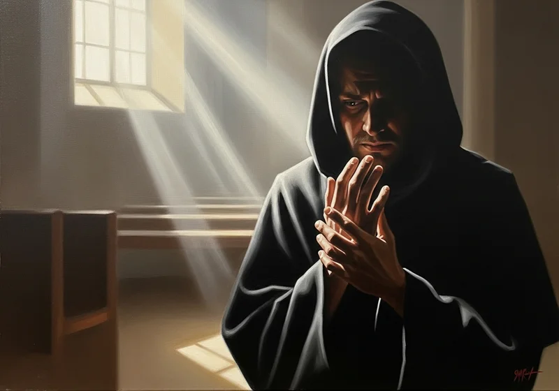 Mnich w kapturze modlący się przy świetle wpadającym przez okno.