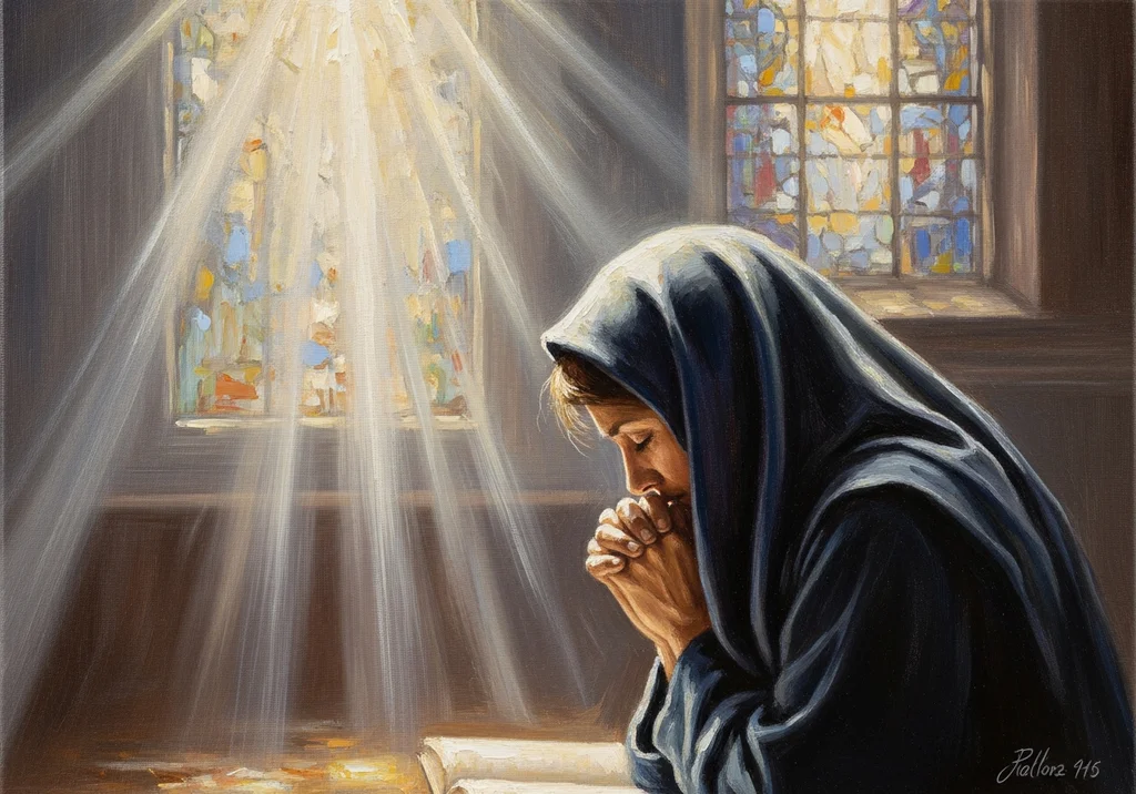 Mnich w czarnym habicie modlący się przed ołtarzem, z promieniem światła.