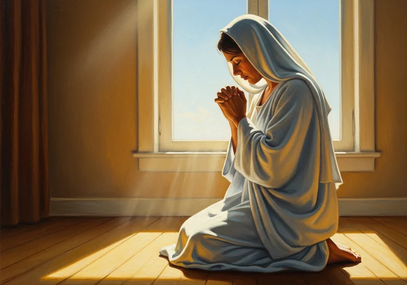 Kobieta w białej szacie modląca się w świetle słonecznym.