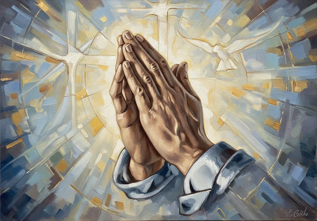 Obraz: złożone ręce w geście modlitwy, w tle stylizowany krzyż i gołębica.
