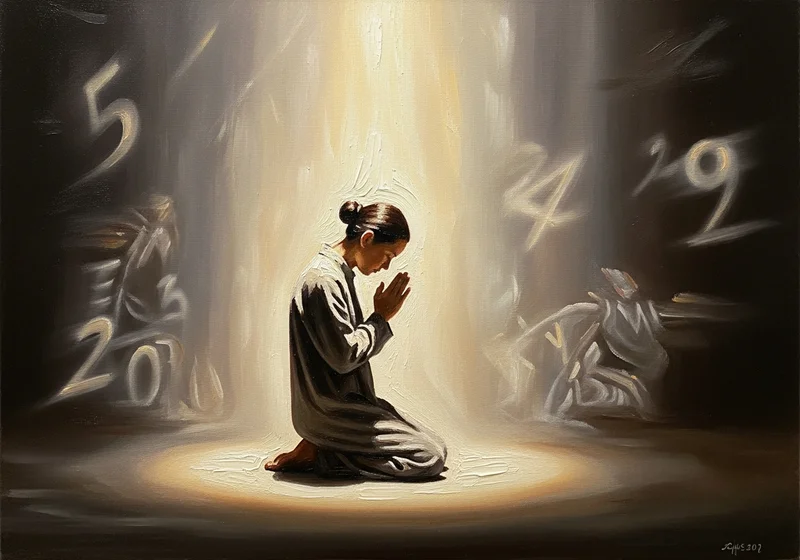 Osoba klęcząca w modlitwie, otoczona liczbami i cieniami.
