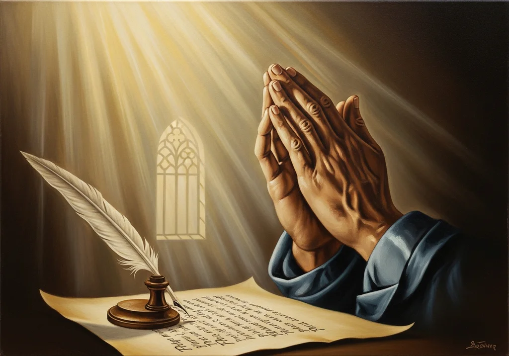 Modlitwa i pióro przy ołtarzu. Słońce oświetla wnętrze.