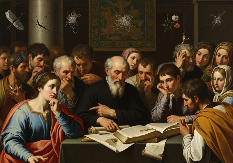 Grupa ludzi skupiona wokół księgi, mężczyzna w czerni wskazuje na strony, symbol nauki.