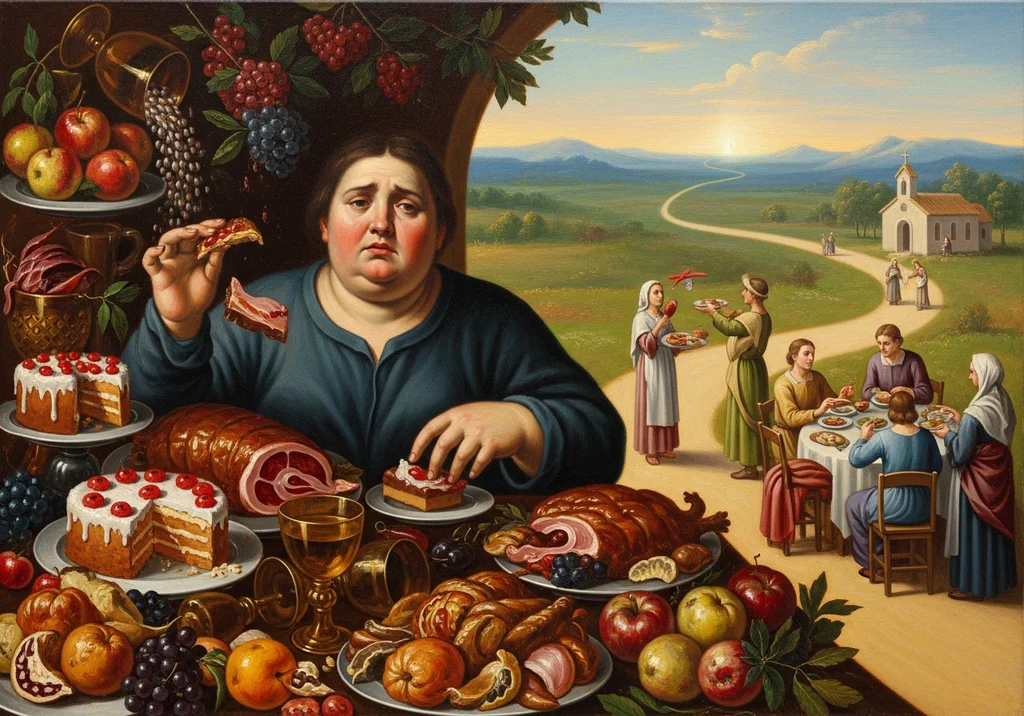 Obficie zastawiony stół z tortami i mięsem przed otyłą postacią, w tle krajobraz z kościołem.