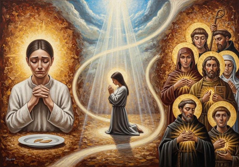 Święci modlą się w niebiańskim świetle, wspierając w walce z obżarstwem.