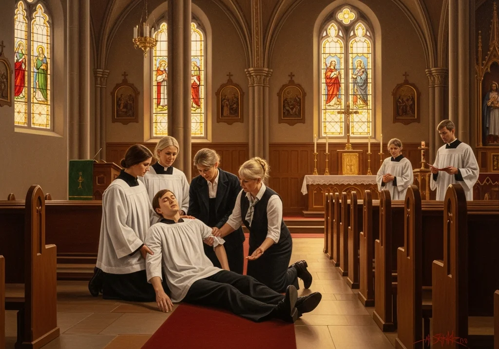 Omdlenie w kościele, wierni pomagają upadłemu mężczyźnie w białej albie.