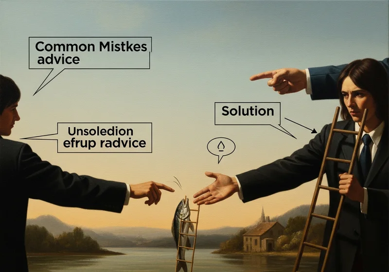 Dwaj mężczyźni wskazują rybę na drabinie, symbolizując złe rady i rozwiązanie.