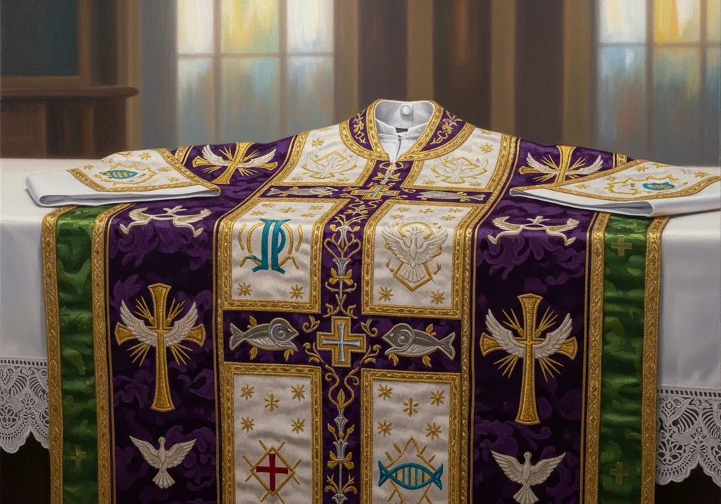 Fioletowo-złota szata liturgiczna z białymi wstawkami i haftowanymi symbolami chrześcijańskimi.