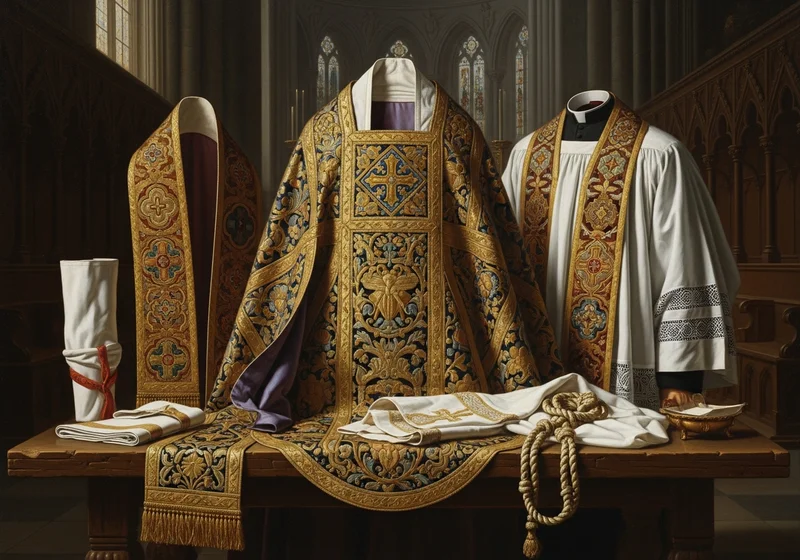 Bogato zdobione szaty liturgiczne: ornat, kapę i albę.