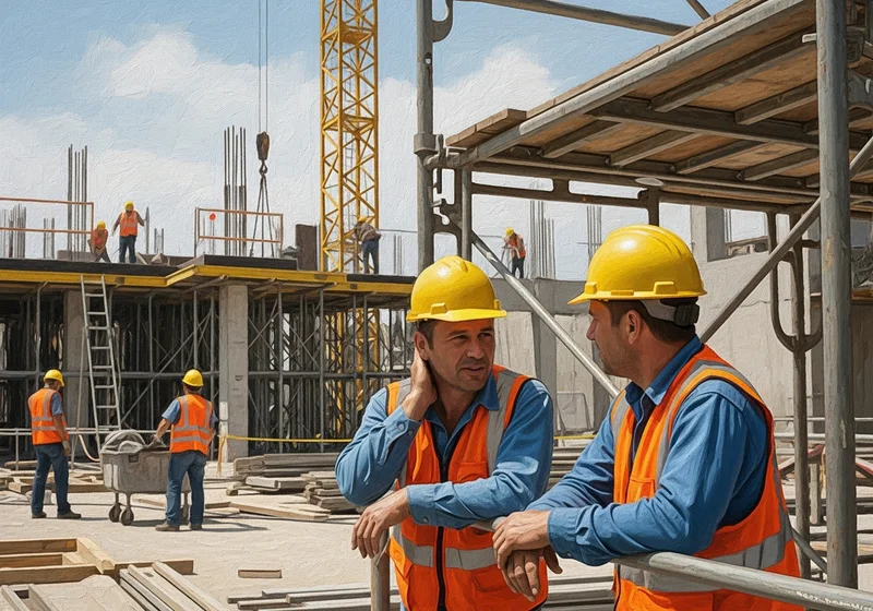 Dwóch budowlańców w kaskach rozmawia podczas przerwy na budowie.