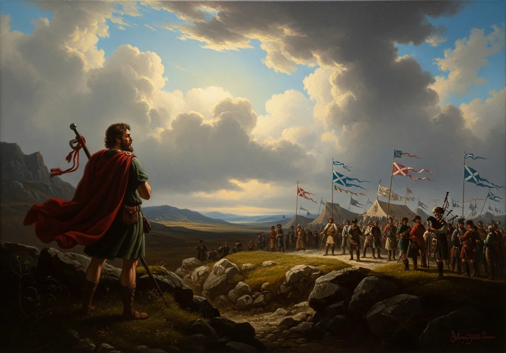 Szkocki wojownik z mieczem przed armią pod flagami.