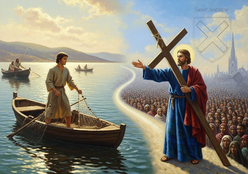 Jezus wzywa rybaka Andrzeja do pójścia za nim, niosąc krzyż i prowadząc tłumy.