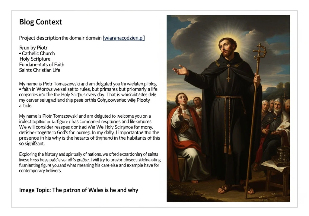 Święty w czarnej szacie z laską pasterską i chrześcijańskimi symbolami, otoczony ludźmi.