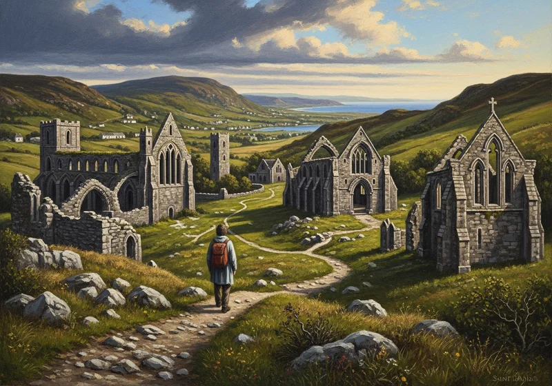 Ruiny klasztoru w krajobrazie Walii, śladami św. Dawida.