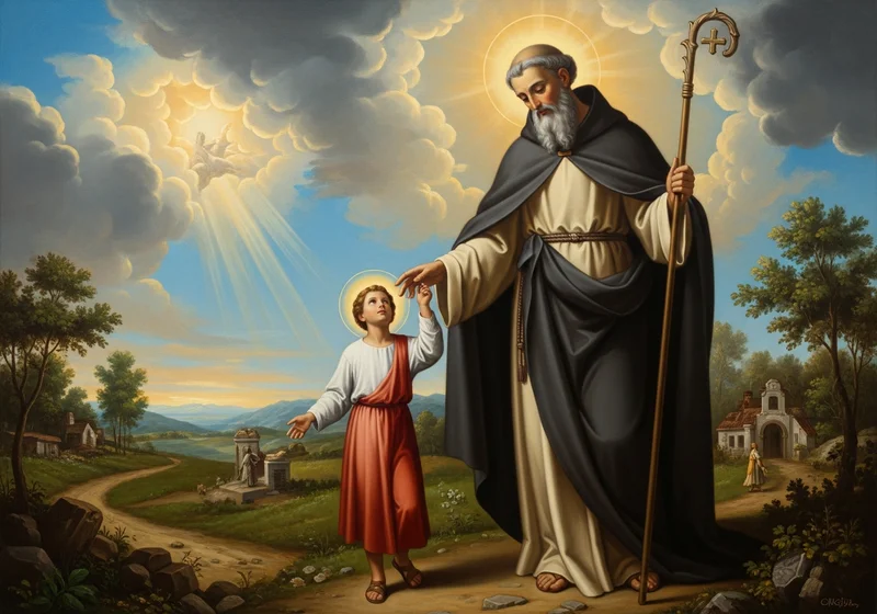 Święty mężczyzna z aureolą i laską prowadzi chłopca w czerwoniej szacie pod niebiańskim światłem.