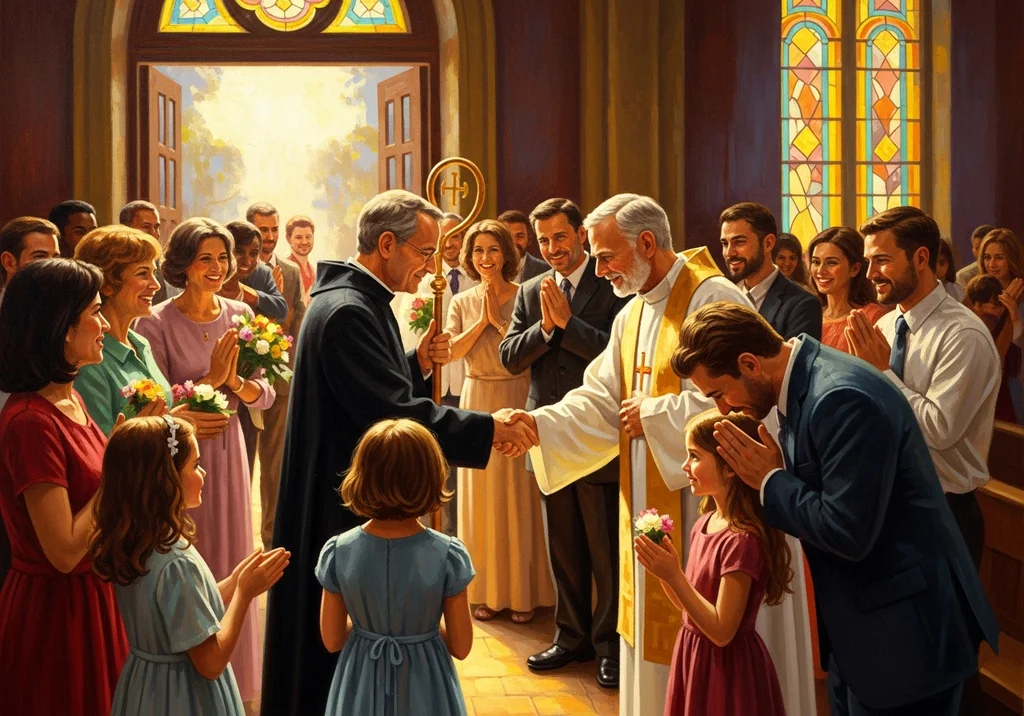 Ksiądz ściska dłoń wiernemu na tle kościoła ze witrażami.