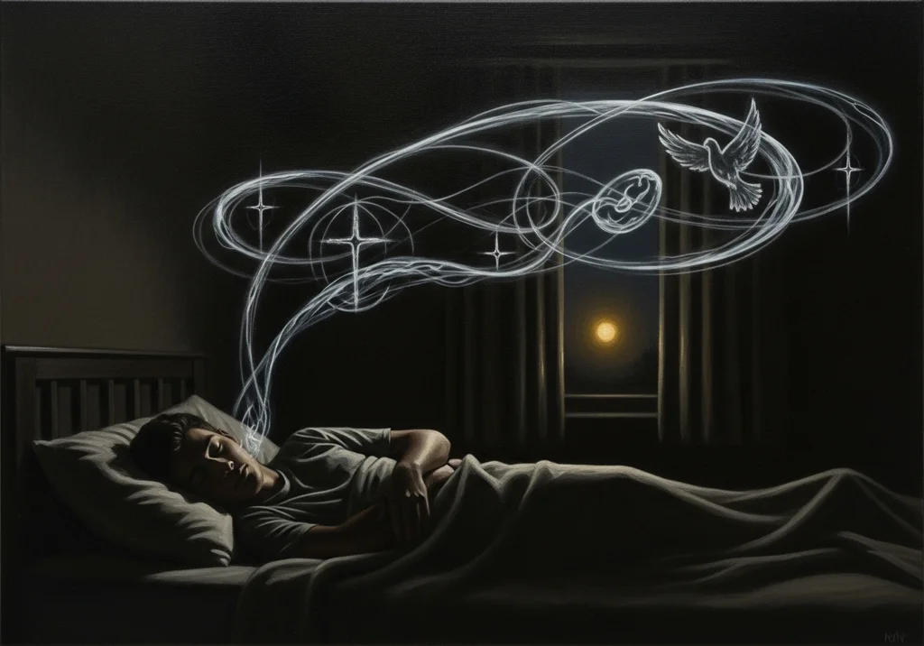 Mężczyzna śpi, a z jego głowy unoszą się białe symbole: krzyż, gołębica i gwiazdy.