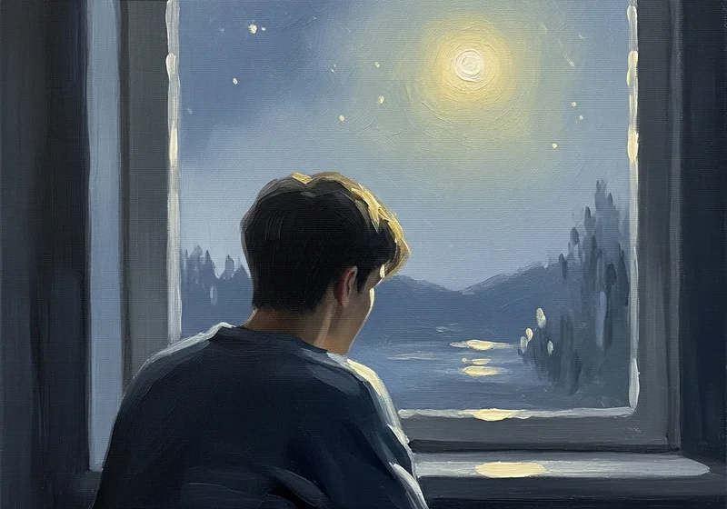 Młody mężczyzna patrzy na księżyc przez okno, nocny krajobraz.