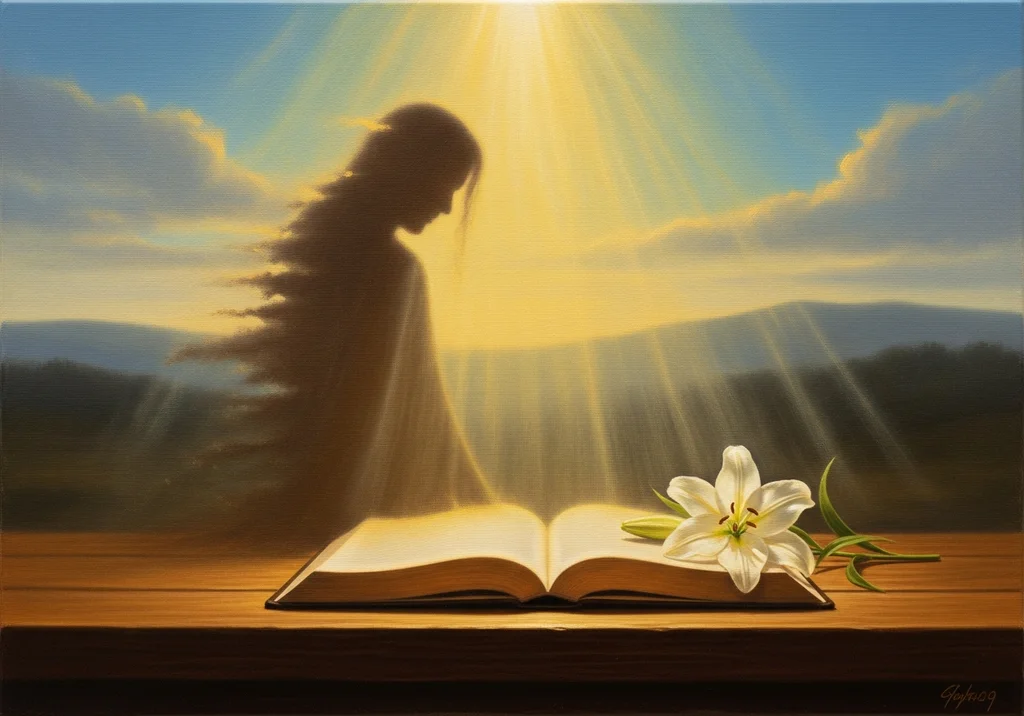 Obraz olejny: postać w blasku słońca, otwarta księga i lilia.