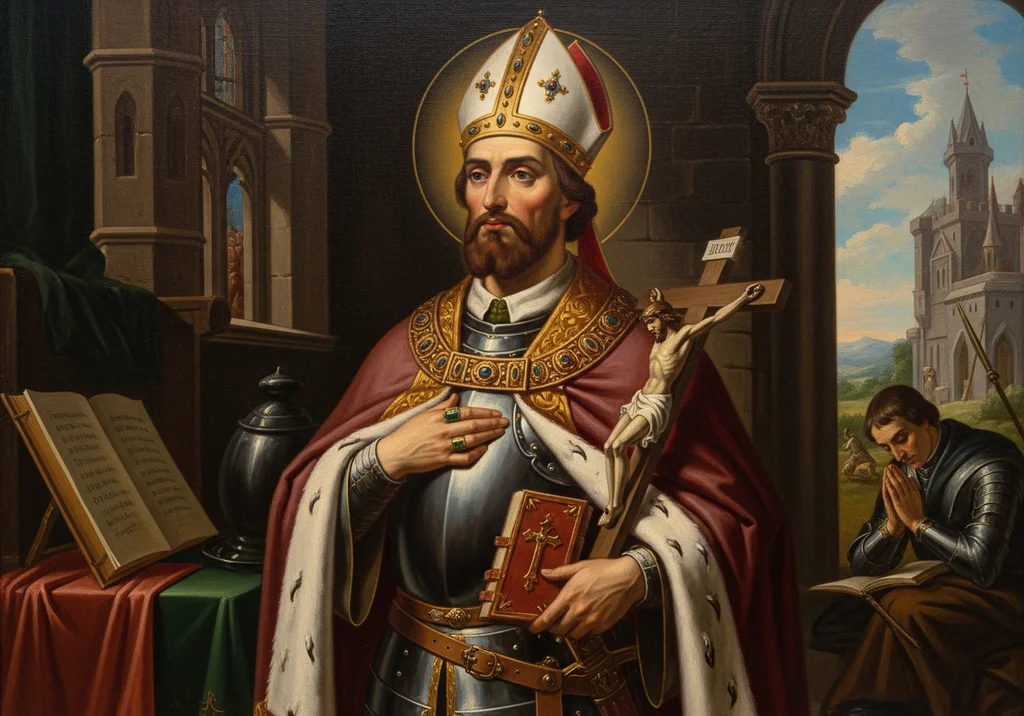 Święty z pastorałem i krucyfiksem, w stroju biskupim, na tle budowli.