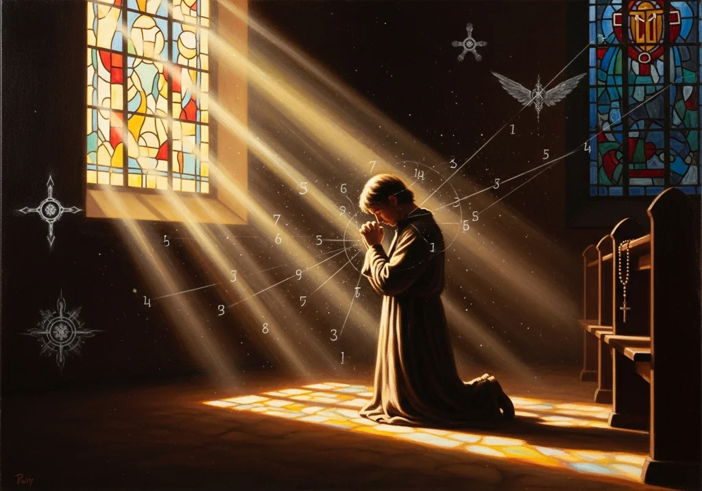 Mężczyzna w habicie klęczy i modli się w kościele, promień słońca pada na niego, wokół liczby i symbole.