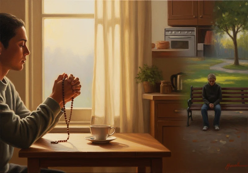 Mężczyzna modli się z różańcem obok kubka; w tle drugi mężczyzna siedzi sam na ławce w parku.