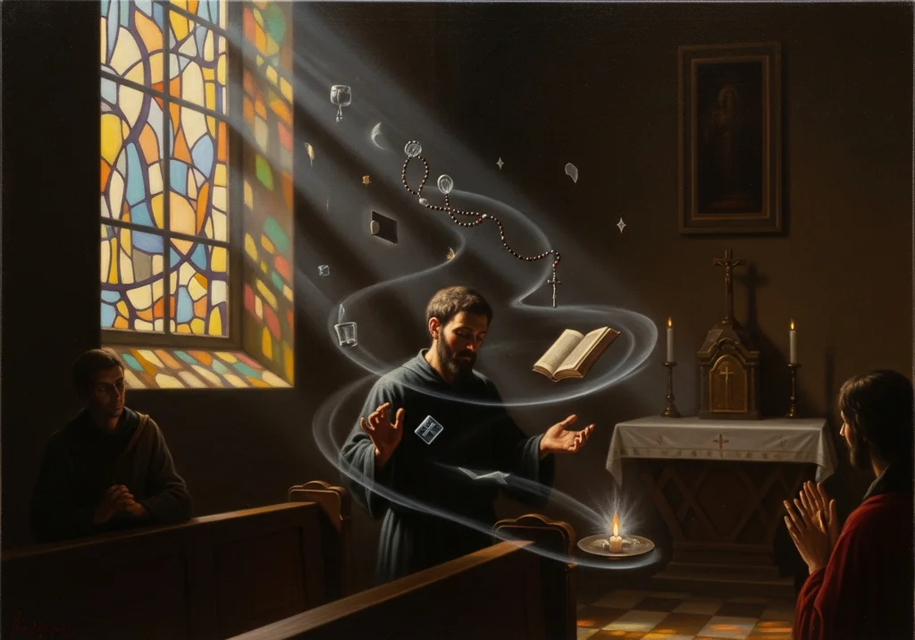 Mnich w kościele skupia się, a przedmioty unoszą się wokół niego.
