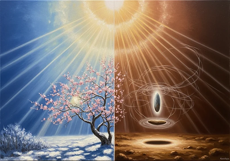 Dychotomia zimy i wiosny kontra tajemnicza, unosząca się figura w wirującym polu energii.