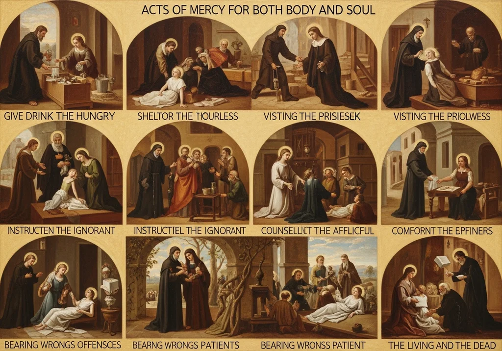 Ilustracja z XIV wieku przedstawiająca 14 uczynków miłosierdzia co do duszy i ciała.