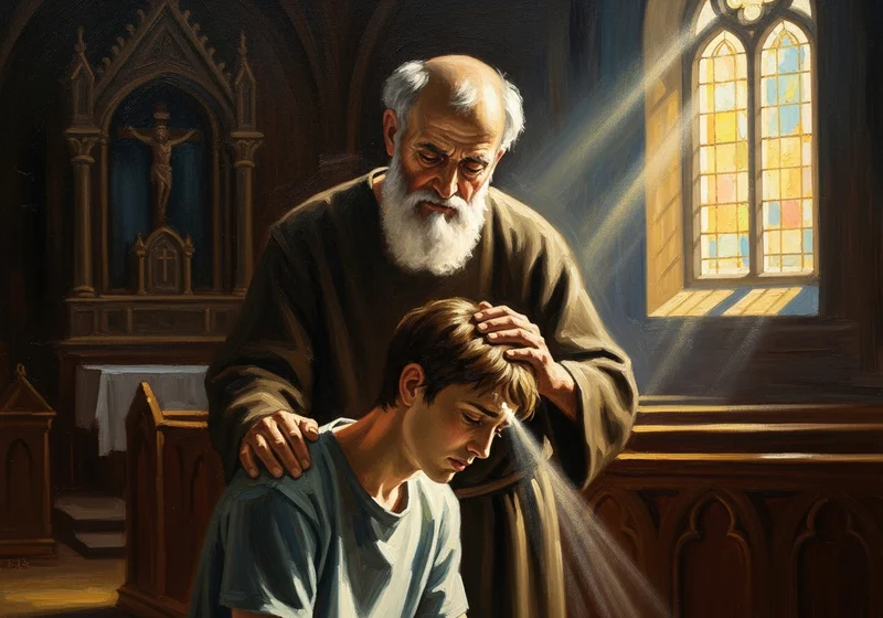 Starszy mężczyzna z siwą brodą kładzie dłoń na głowie młodzieńca w kościele.