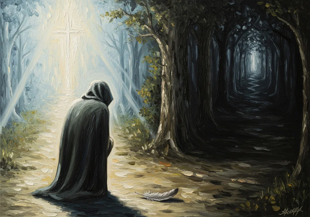 Pochylona postać w kapturze klęczy przed oślepiającym światłem w mrocznym lesie.