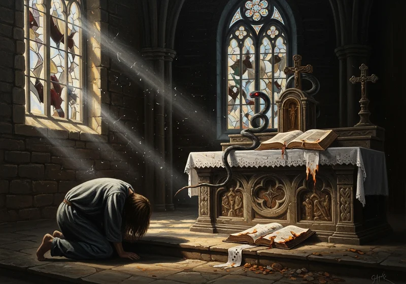 Osoba klęcząca przed ołtarzem z wężem i zakrwawioną księgą.