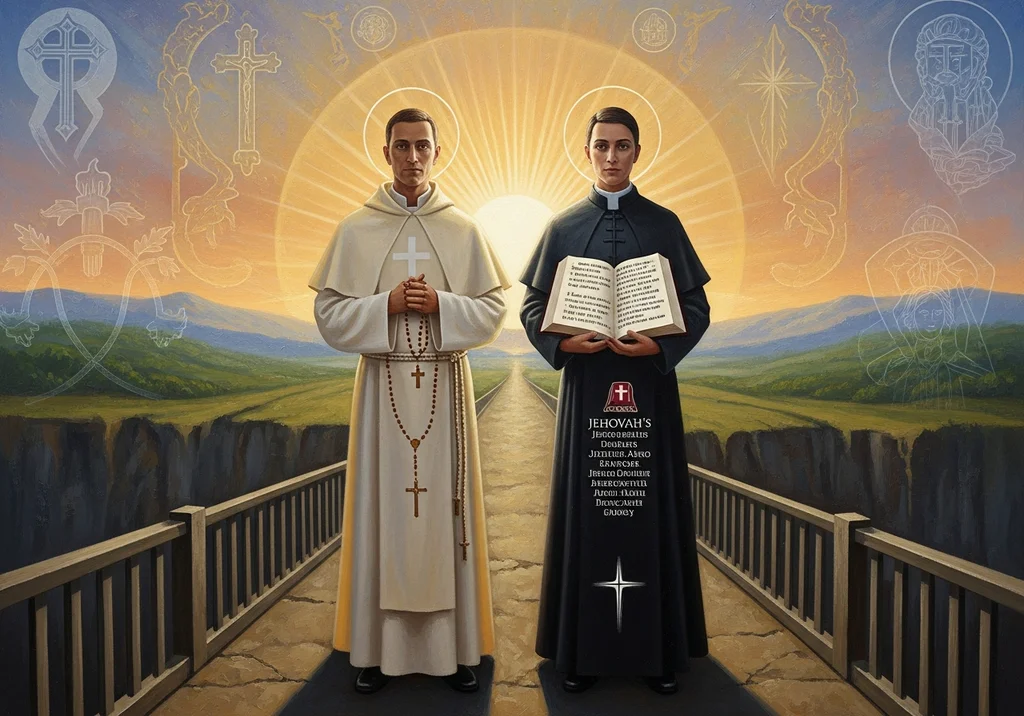 Symboliczne przedstawienie jedności Świadka Jehowy i katolika na tle krajobrazu.