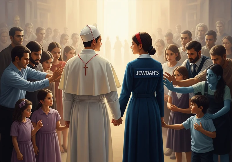 Katolik i Świadek Jehowy trzymają się za ręce w tłumie.