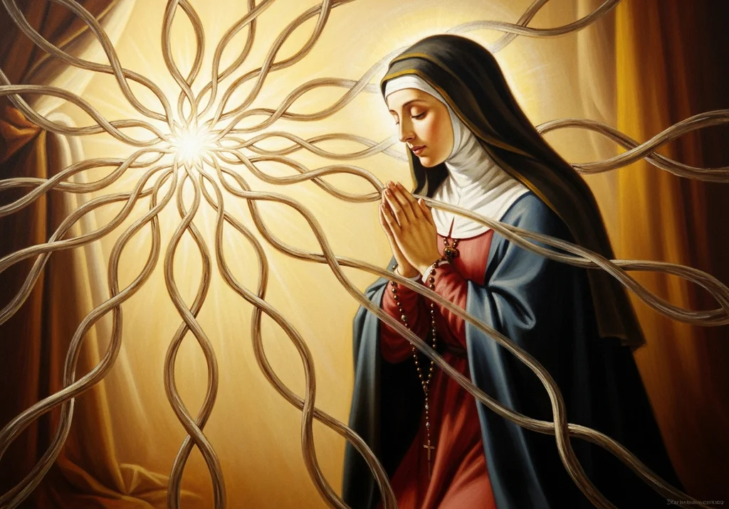 Malowidło zakonnicy modlącej się przy świetle emanującym z węzłowatych splotów.