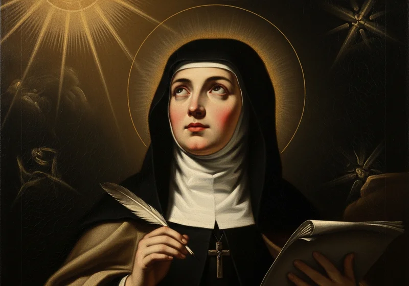 Obraz przedstawia świętą z piórem i księgą, kontemplującą niebo.