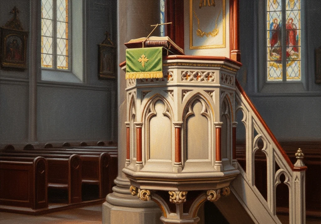Ołtarz i mównica w kościele z witrażami i ławkami.