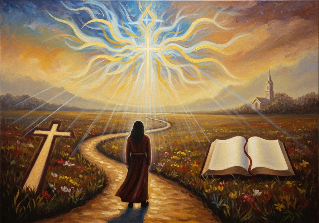 Droga do krzyża i otwarty Pismo Święte w krajobrazie z kościołem.