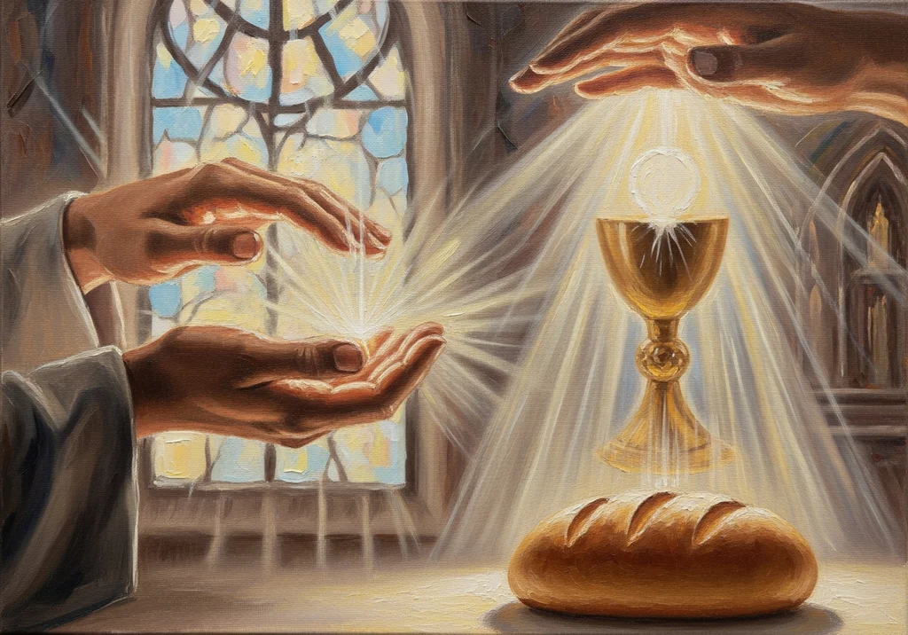 Obraz przedstawia dłonie, kielich z hostią i chleb – symbole sakramentu.