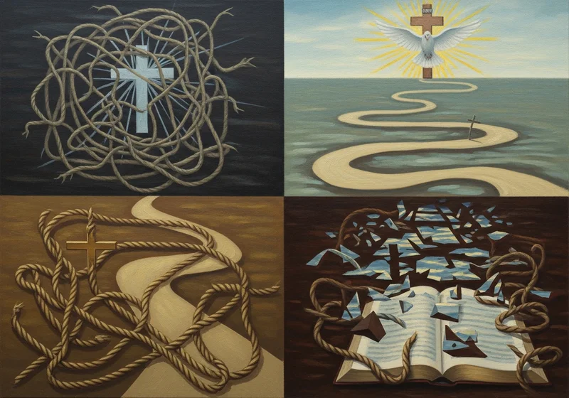 Obraz z czterema kwadratowymi panelami o tematyce religijnej.