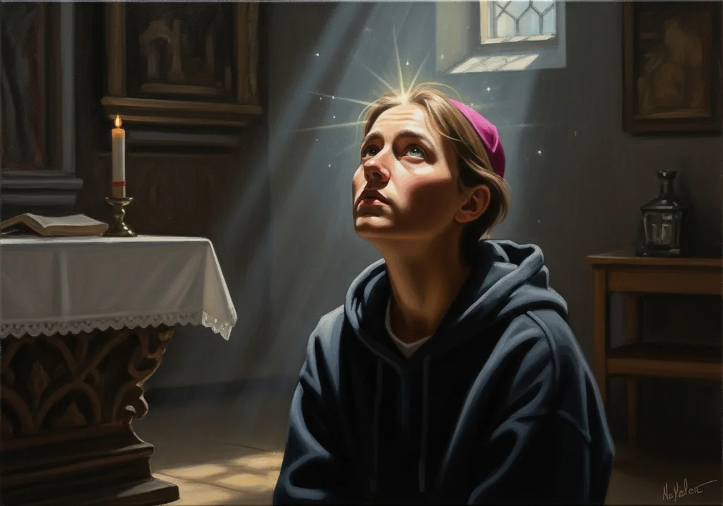 Młoda osoba w kapturze i fioletowej czapce patrzy w górę, w promieniach światła.