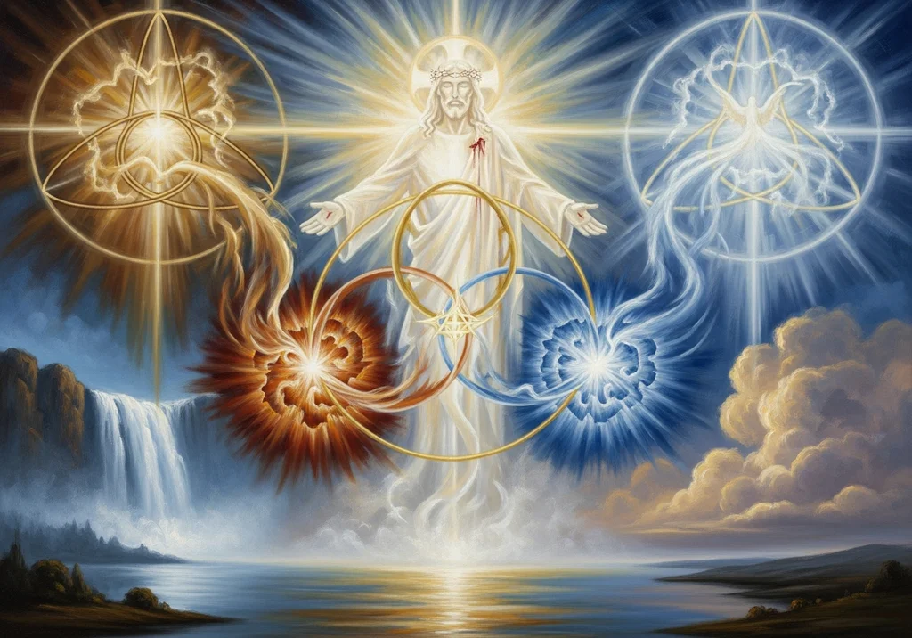 Jezus Chrystus otoczony symbolami Trójcy: Ojciec, Syn, Duch Święty.