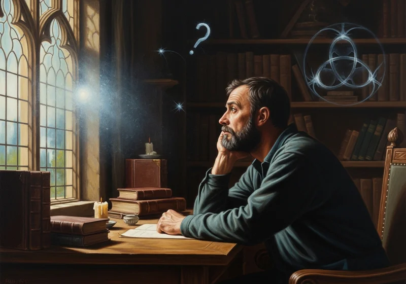 Mężczyzna zadaje pytania o Trójcę Świętą w przyćmionej bibliotece.