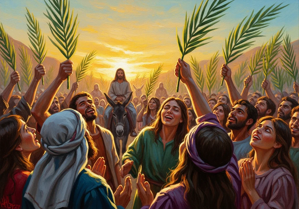 Tłum z gałązkami palmowymi wzniesionymi ku niebu wita Jezusa na osiołku.